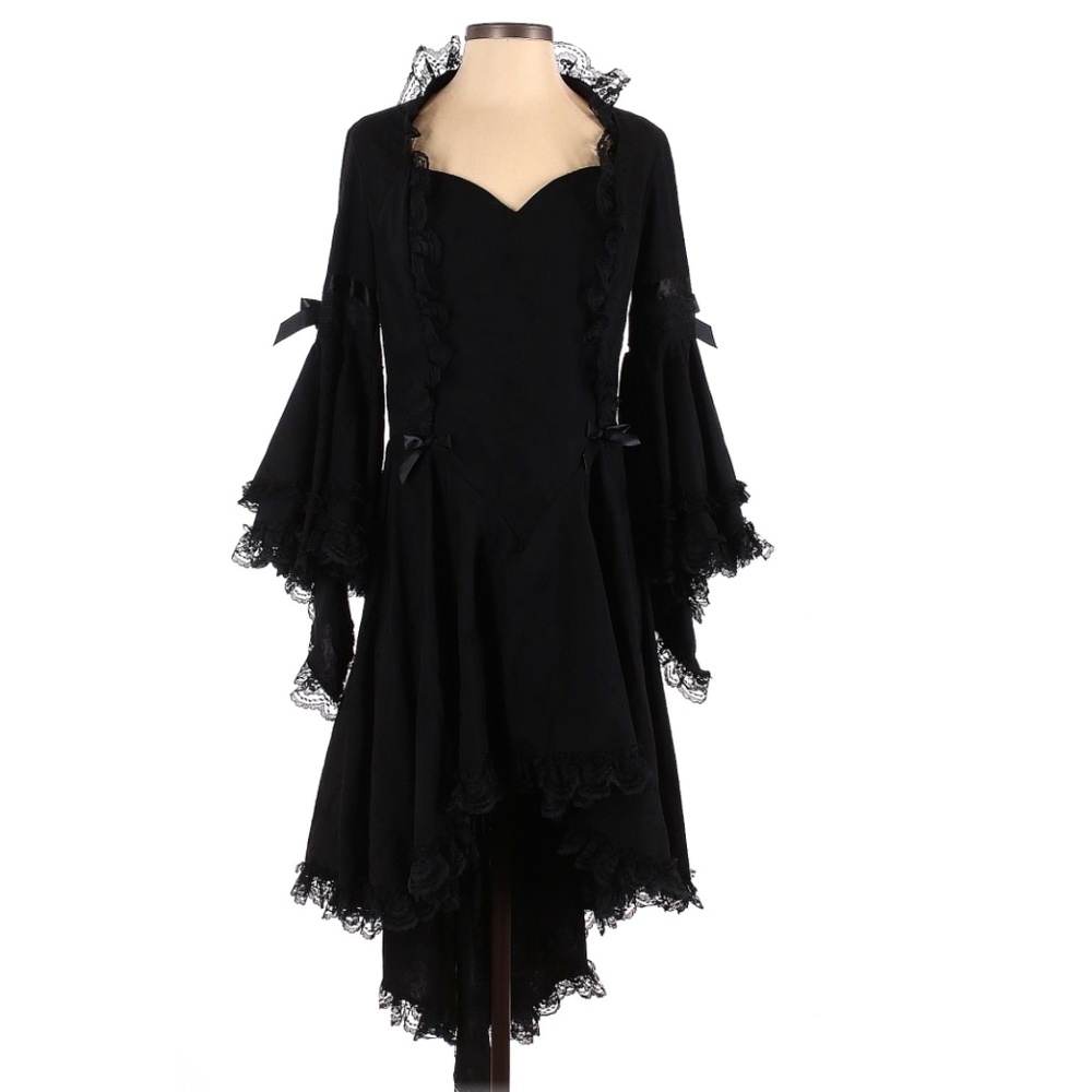 Vtg Pyramid Collection Black Gothic hi-low lace up dress size xsmall witchy